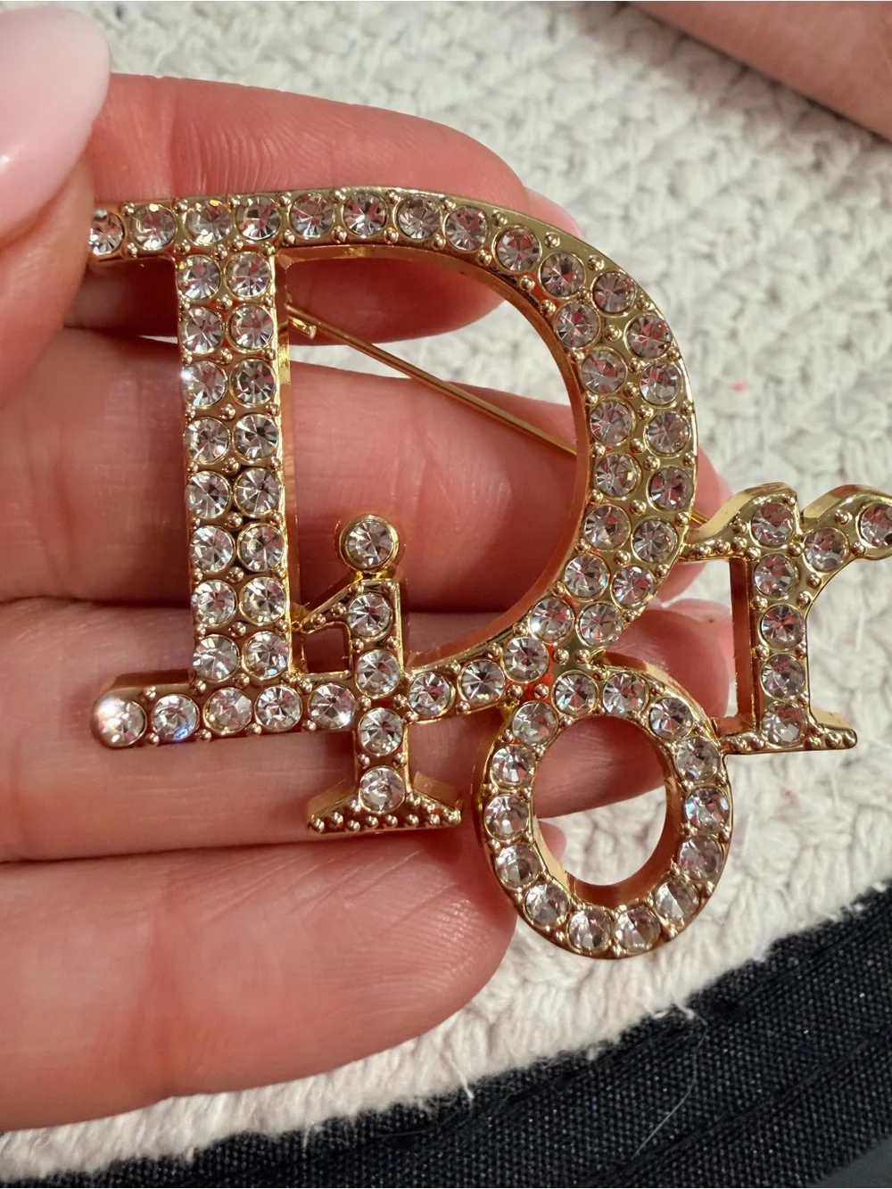 Gold-Tone Logo Brooch with Clear Crystals | New